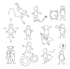 Stick figures for presentations in doddle style. Line art human, businessman. Different poses of walking