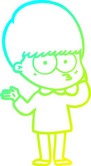cold gradient line drawing of a curious cartoon boy