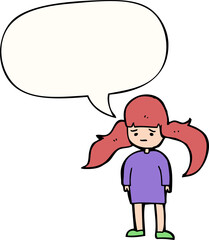 cartoon girl with long hair with speech bubble