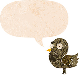 cartoon bird with speech bubble in grunge distressed retro textured style