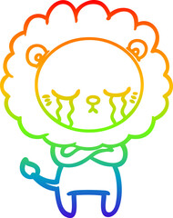 rainbow gradient line drawing of a crying cartoon lion