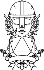 Black and White Tattoo linework Style elf fighter with natural 20 dice roll