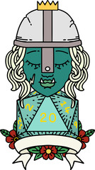 Retro Tattoo Style half orc fighter with natural twenty dice roll