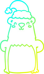 cold gradient line drawing of a cartoon bear wearing christmas hat
