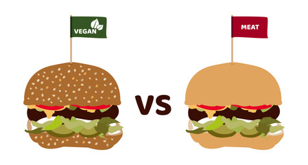 Vegan vs meat burger. Comparison of hamburger with a veggie patty with meat substitute or alternative and beef unhealthy patty. Vegetarian burger made from soya, pea, or chickpea and meat burger.