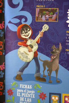 Children's activity magazine with the theme of the movie Coco. Disney - Pixar. Miguel and Ernesto De La Cruz. Dante the xoloitzcuintli dog. Book to color, learn and have fun.