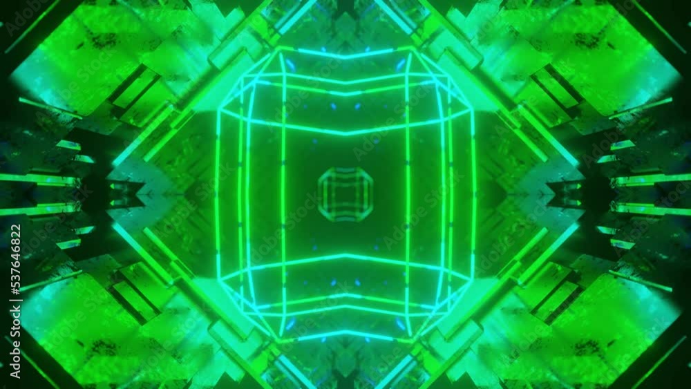 Poster symmetrical 3d object or structure rotates and moves inside glass mirror tunnel with neon light, bri