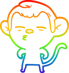 rainbow gradient line drawing of a cartoon suspicious monkey