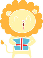 laughing lion flat color style cartoon with christmas present
