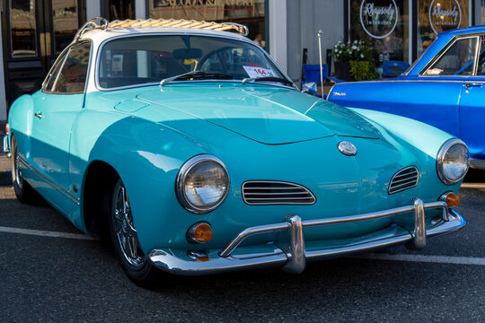 Blue Volkswagen Karmann-Ghia 1968 at car exhibition. Snohomish, WA, USA - September 2022