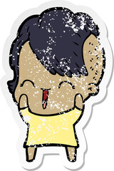 distressed sticker of a cartoon happy hipster girl