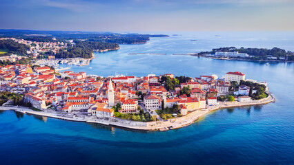 Istria, Croatia - Aerial drone view of historical city of Porec