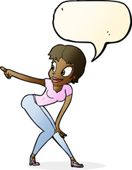 cartoon pretty woman pointing with speech bubble