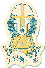 Retro Tattoo Style crying human fighter with natural one D20 roll