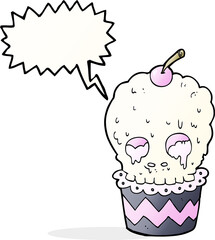 spooky skull cupcake cartoon with speech bubble