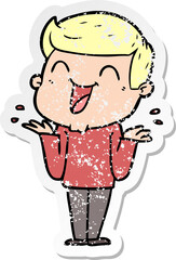 distressed sticker of a cartoon man laughing