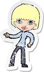 retro distressed sticker of a cartoon woman pointing