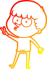 warm gradient line drawing of a cartoon curious boy dancing