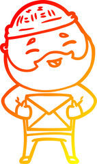 warm gradient line drawing of a cartoon happy bearded man