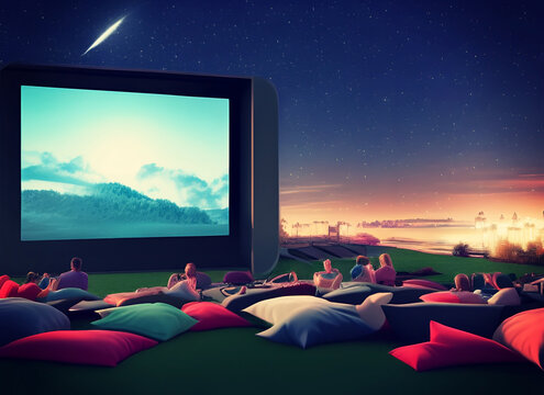 Illustration Of An Outdoor Cinema Or Drive Cinema At Night 