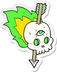 sticker of a cartoon magic skull with arrow through brain