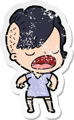 distressed sticker of a cartoon cool hipster girl talking