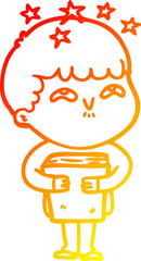 warm gradient line drawing of a cartoon amazed boy