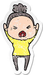 distressed sticker of a cartoon angry old woman