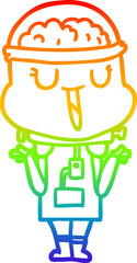 rainbow gradient line drawing of a happy cartoon robot shrugging shoulders