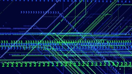Symbols form lines, lines form grid. Vj loop hologram abstract bg blue green sci fi theme, information blocks, ai construction of letters and numbers, info concept. Big data fields. info technology.