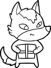 friendly cartoon wolf with gift