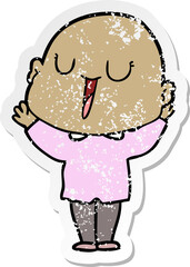 distressed sticker of a happy cartoon bald man
