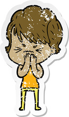 distressed sticker of a cartoon frustrated woman