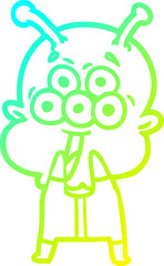 cold gradient line drawing of a happy cartoon alien gasping in surprise