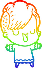 rainbow gradient line drawing of a cute cartoon girl with hipster haircut