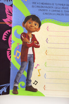 Children's activity magazine with the theme of the movie Coco. Disney - Pixar. Miguel and Ernesto De La Cruz. Dante the xoloitzcuintli dog. Book to color, learn and have fun.
