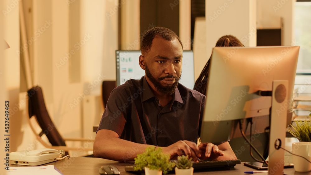 Poster office worker brainstorming ideas on computer network to create business presentation and data repor