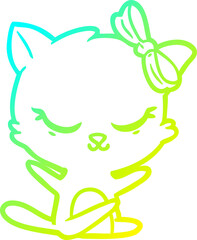 cold gradient line drawing of a cute cartoon cat with bow