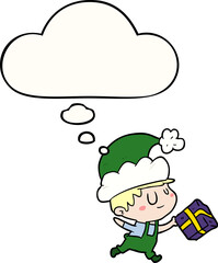 cartoon happy christmas elf with thought bubble