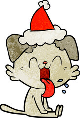 hand drawn textured cartoon of a panting dog wearing santa hat
