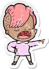 distressed sticker of a cartoon cool hipster girl talking