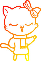 warm gradient line drawing of a cartoon cat with bow on head