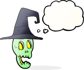 freehand drawn thought bubble cartoon skull wearing witch hat
