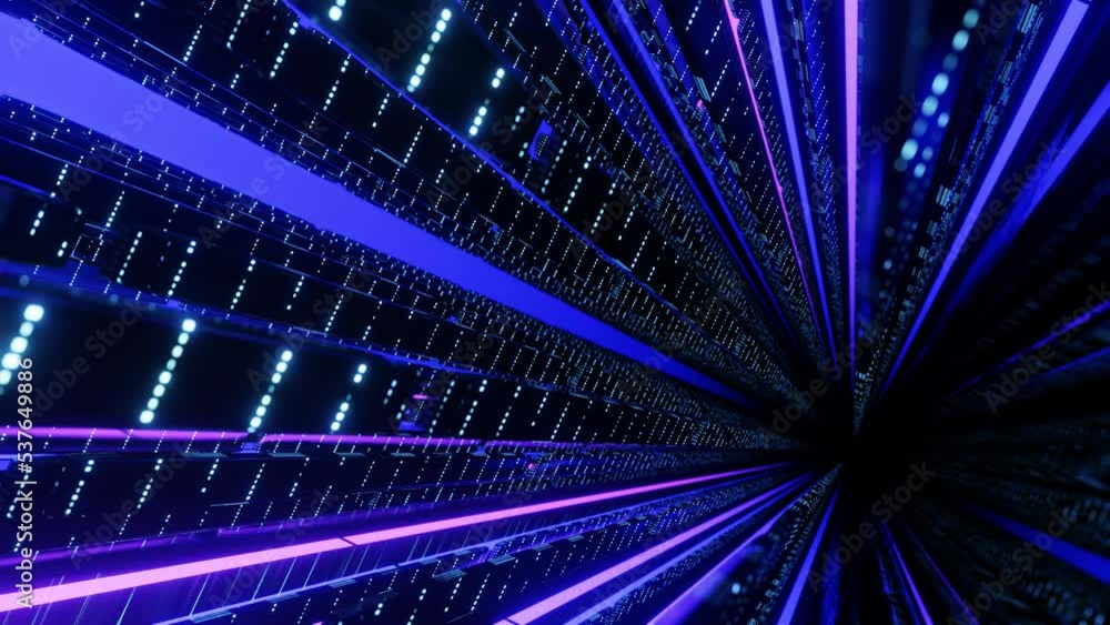 Poster fly through mirror designs form tunnel technology cyberspace with neon glow. sci-fi flight through d