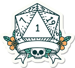 sticker of a natural one d20 dice roll