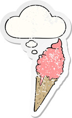 cartoon ice cream with thought bubble as a distressed worn sticker