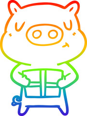 rainbow gradient line drawing of a cartoon christmas pig