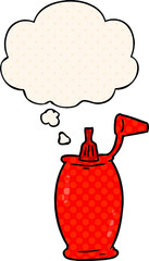 cartoon ketchup bottle with thought bubble in comic book style