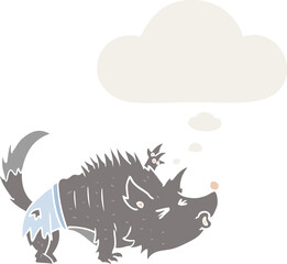 cartoon werewolf with thought bubble in retro style