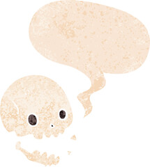 cartoon spooky skull with speech bubble in grunge distressed retro textured style